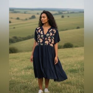 Entro Navy Midi Dress with Floral Embroidery
